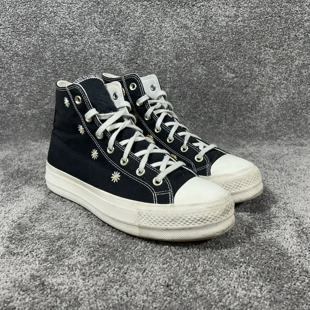 Converse CTAS Lift Hi Women’s Sz 10.5 Black Daisy Sunflower Platform Shoes Used